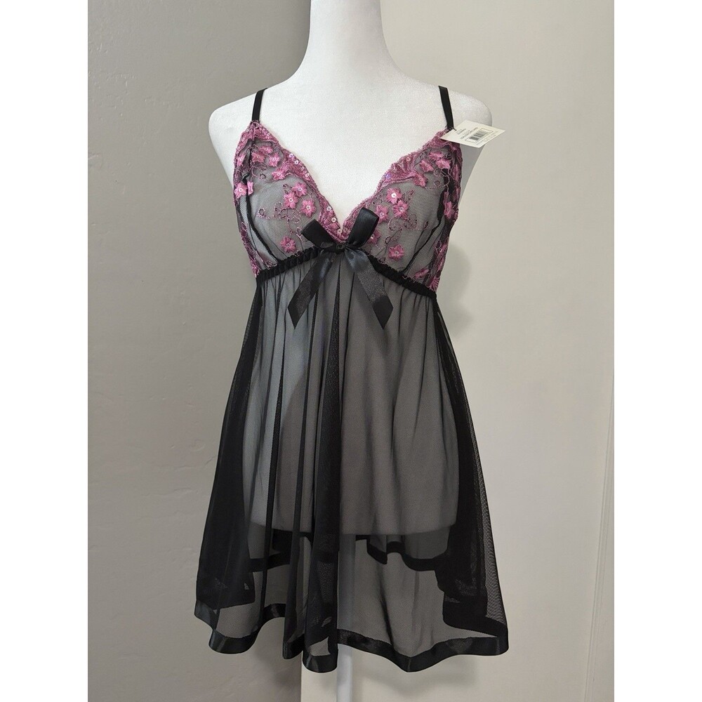NWT Black Pink Lace Sheer Babydoll Lingerie Thong Set Nightgown Medium Spree - Picture 2 of 10